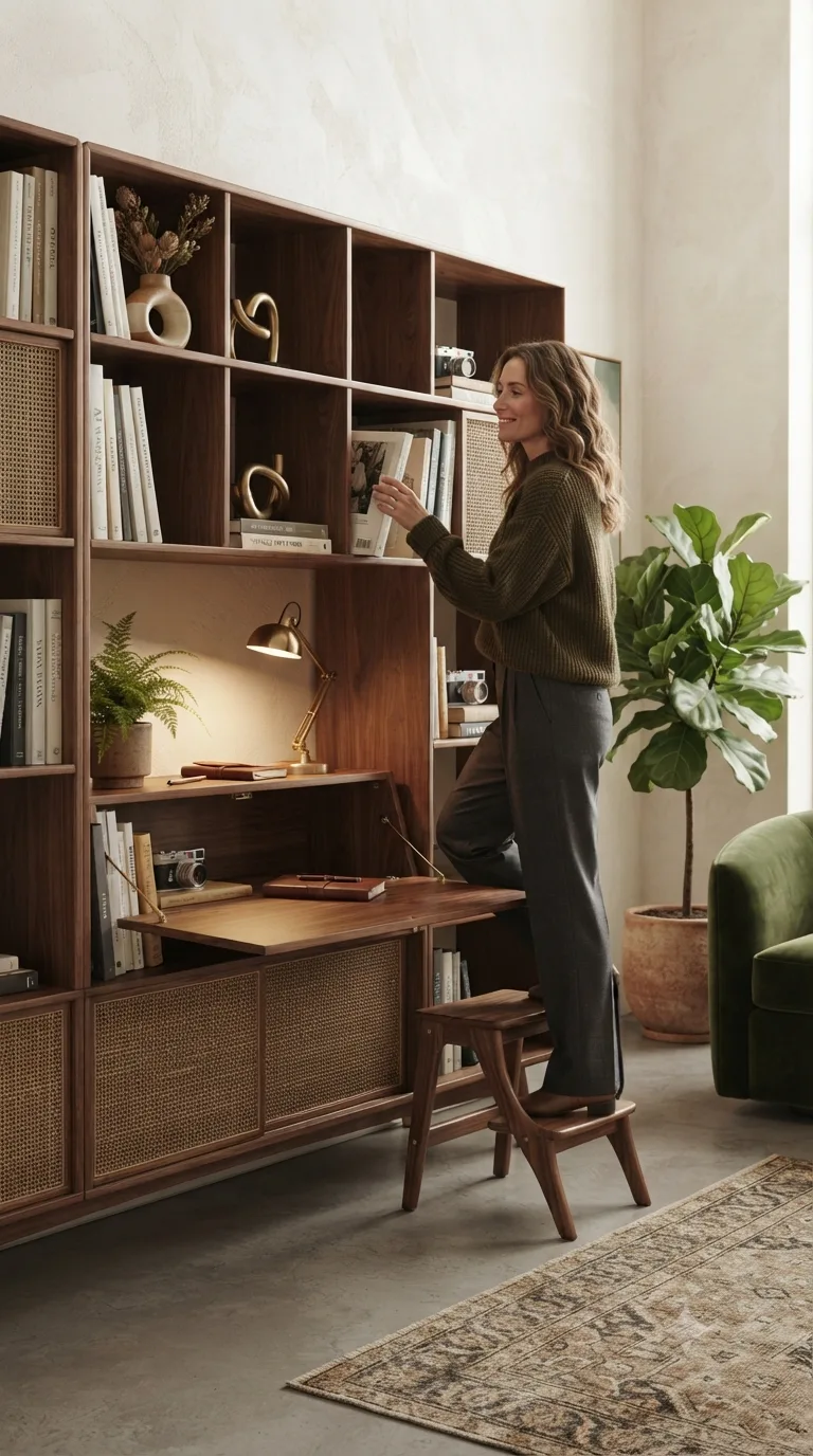 Floor-to-ceiling Harbor & Pine bookshelf with curated objects
