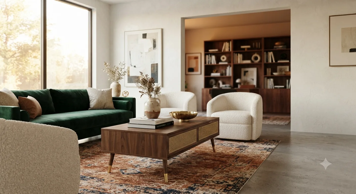 The Gallery Coffee Table with brass-capped legs and cane lower shelf