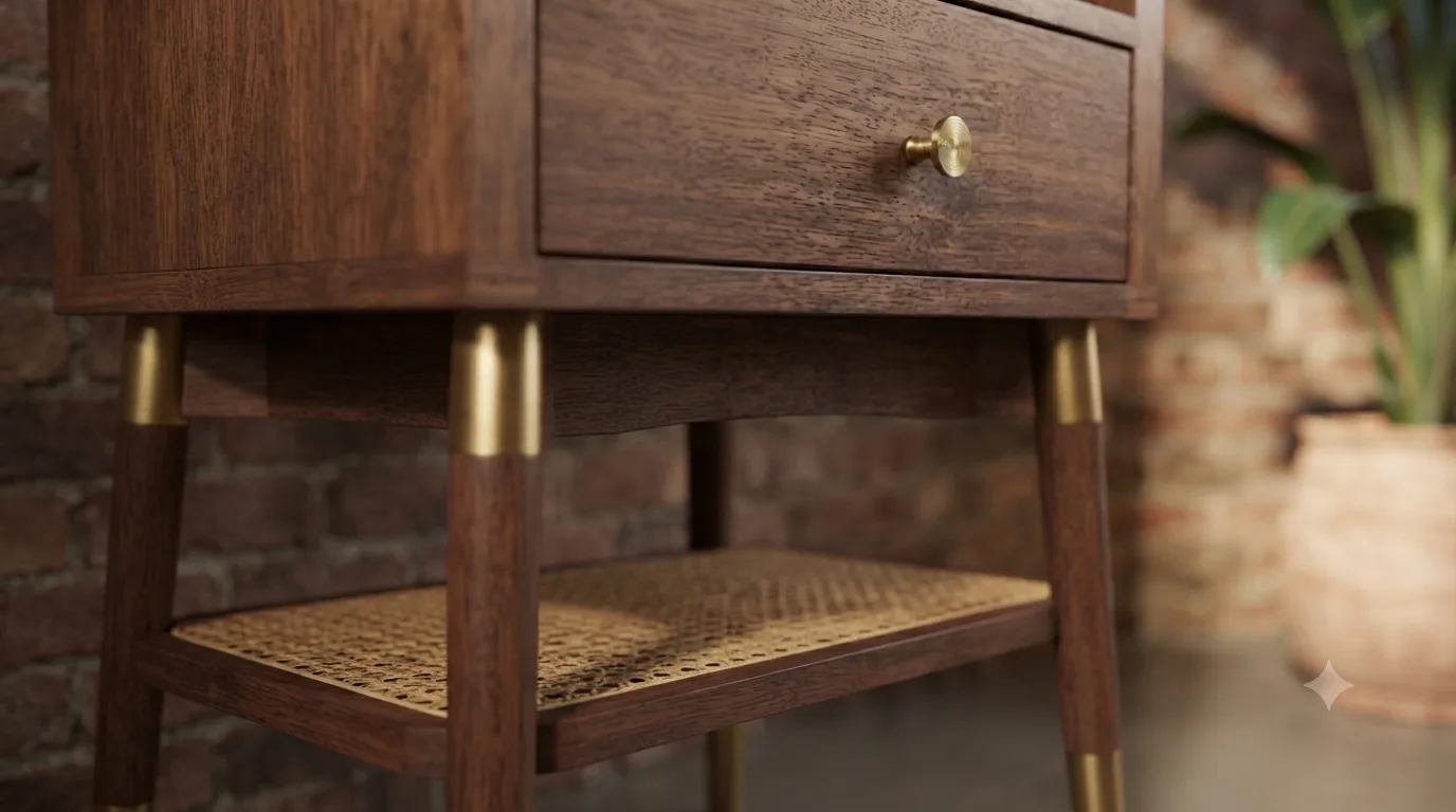 Circular brass drawer pull on The Tailored End Table